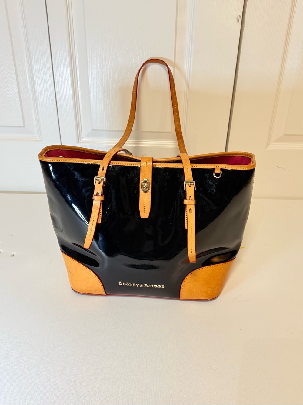 Dooney & Bourke Black Patent Tote with Tan Trim